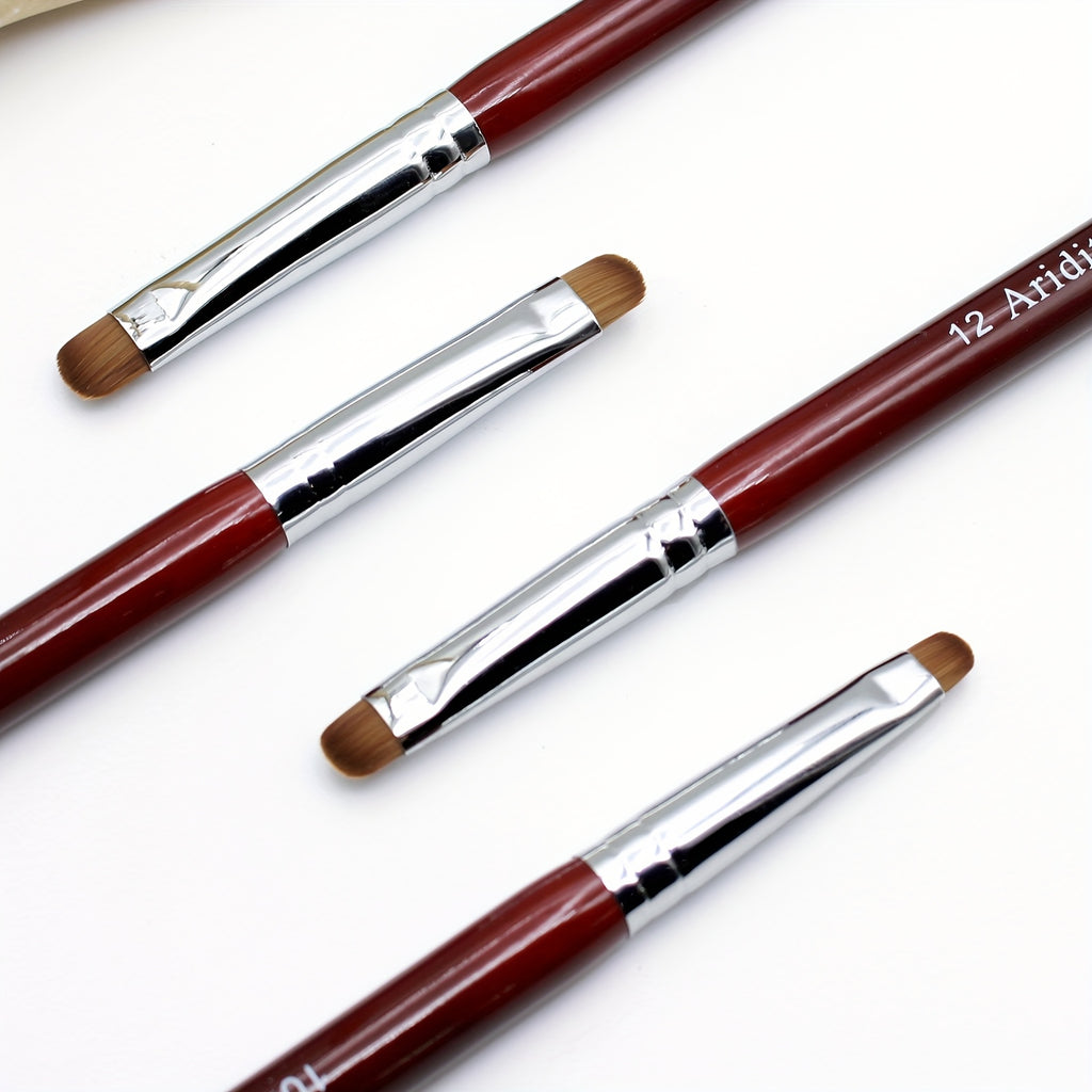 French Manicure Brush Set by Aridito, Four-Piece Nail Art Selection with Red Wood Handles, Metallic Ferrules and No. 10, 12, 14 and 16 Size Labels