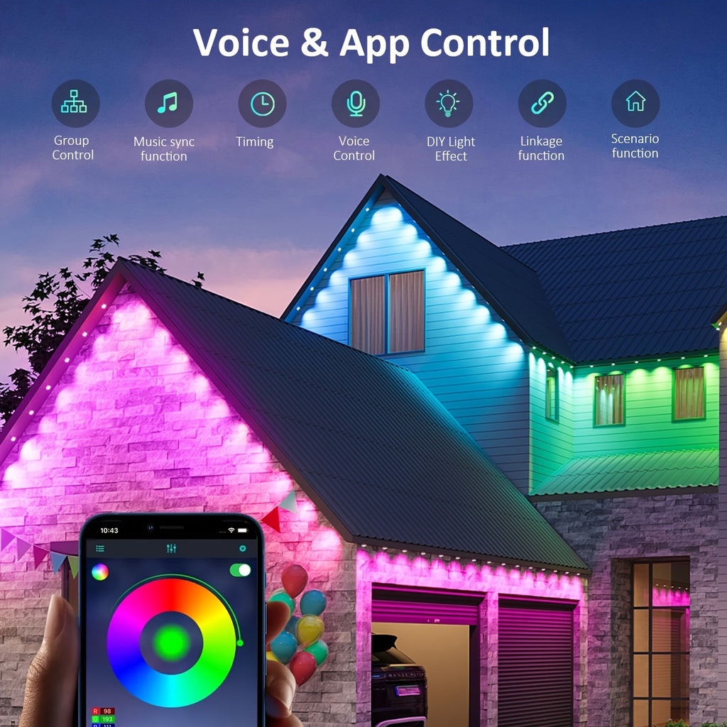 Permanent Outdoor RGB Eave Lights with App and Remote Control, Music Sync and Timer, Listed 100FT or 500FT Options for Christmas, New Year and Party Decor
