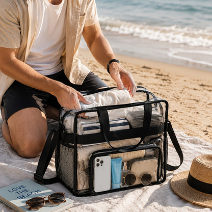 Clear Lunch Bag with Shoulder Strap and Handle, Transparent PVC Snack Tote for Women and Men, Everyday Work Lunch Carry and Sporting Event Planning