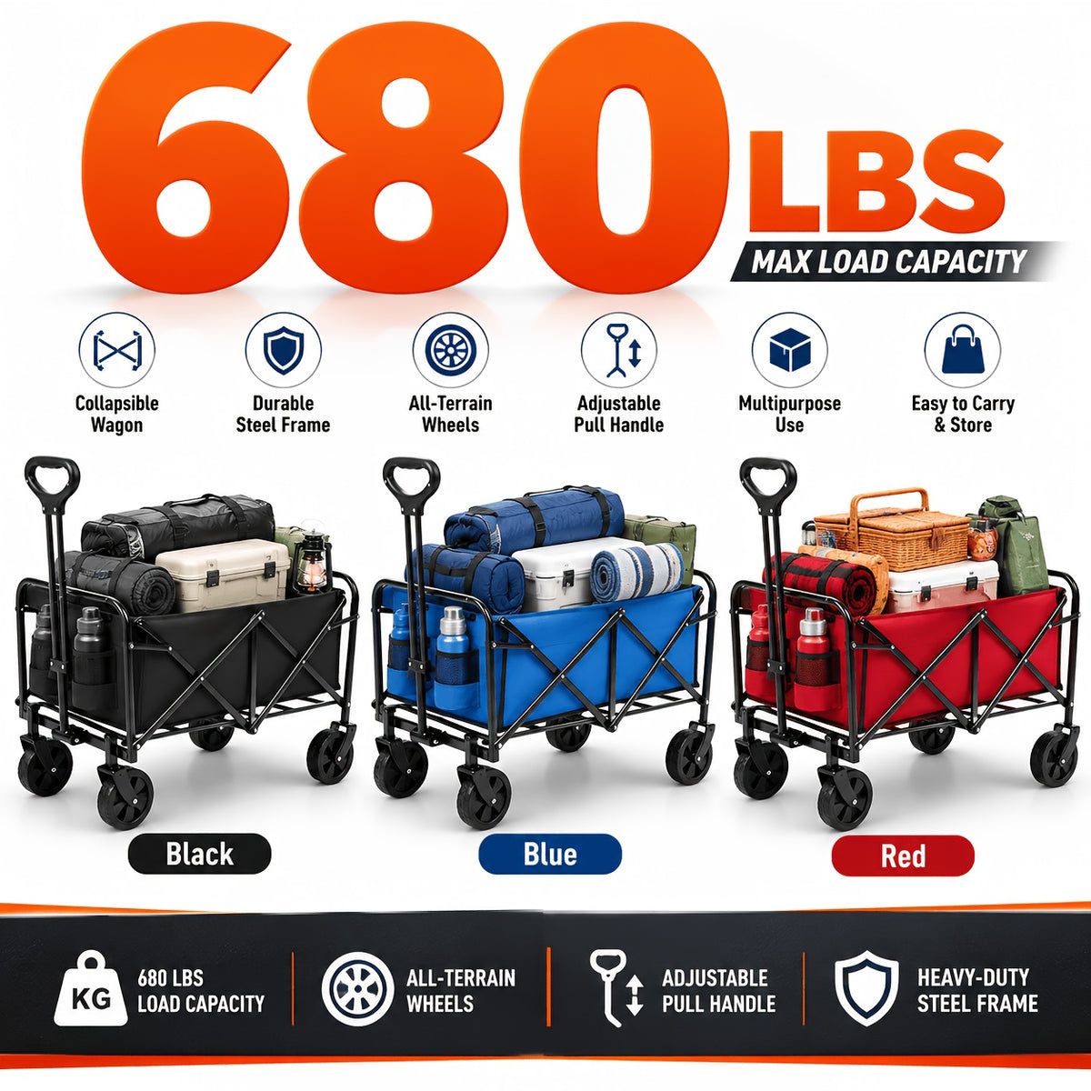 Camping Supply Folding Wagon Cart with Listed Five-Inch Tires, Collapsible Utility Carrier in Four Load-Labeled Options for Garden Gear, Beach Trips and Moving