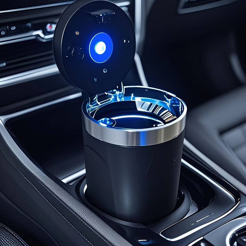 Automatic Car Ashtray with Detachable Cleaning Brushes, Compact Battery-Powered Vehicle Accessory in Black, Blue or Red Single and Paired Option Labels