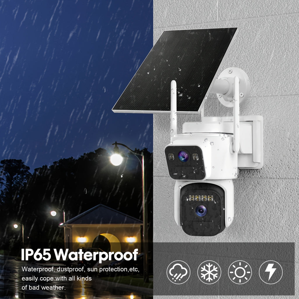 Dual-Screen Solar WiFi Security Camera with Fixed Wide-Angle and Rotating PTZ Lenses, 8000mAh Battery, Night Vision, Two-Way Audio and Optional TF Card Packages