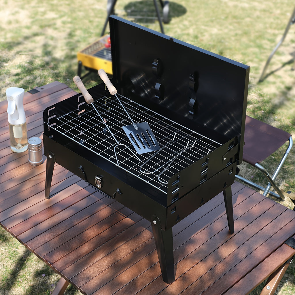 Collapsible Charcoal Grill with Windshield and BBQ Accessories, Small Folding Outdoor Barbecue for Camping, Picnic Meals and Backyard Weekend Cookouts