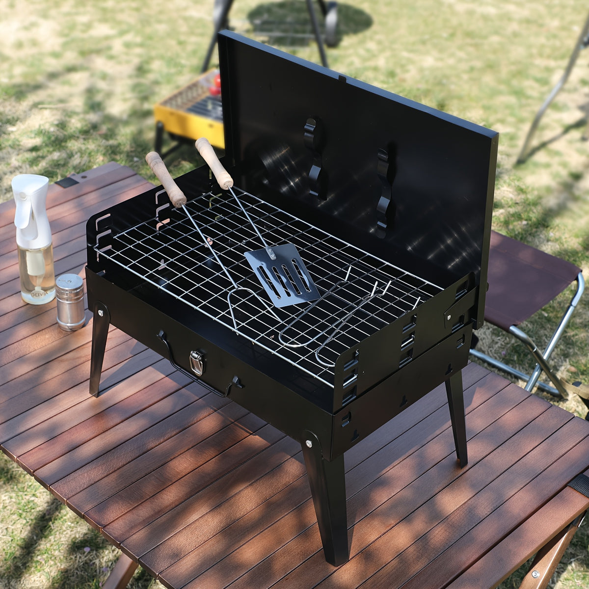 Collapsible Charcoal Grill with Windshield and BBQ Accessories, Small Folding Outdoor Barbecue for Camping, Picnic Meals and Backyard Weekend Cookouts