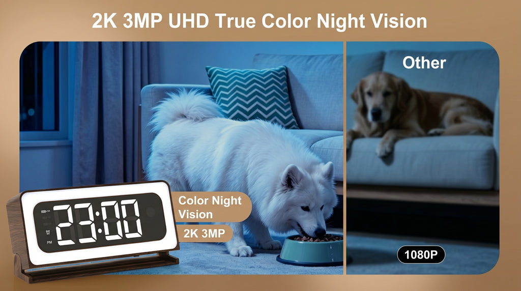 Wood-Grain Indoor Security Clock Camera with Listed 2K Video, Dual-Band WiFi, Color Night Vision, Motion Alerts, Rechargeable Battery and Optional microSD Storage