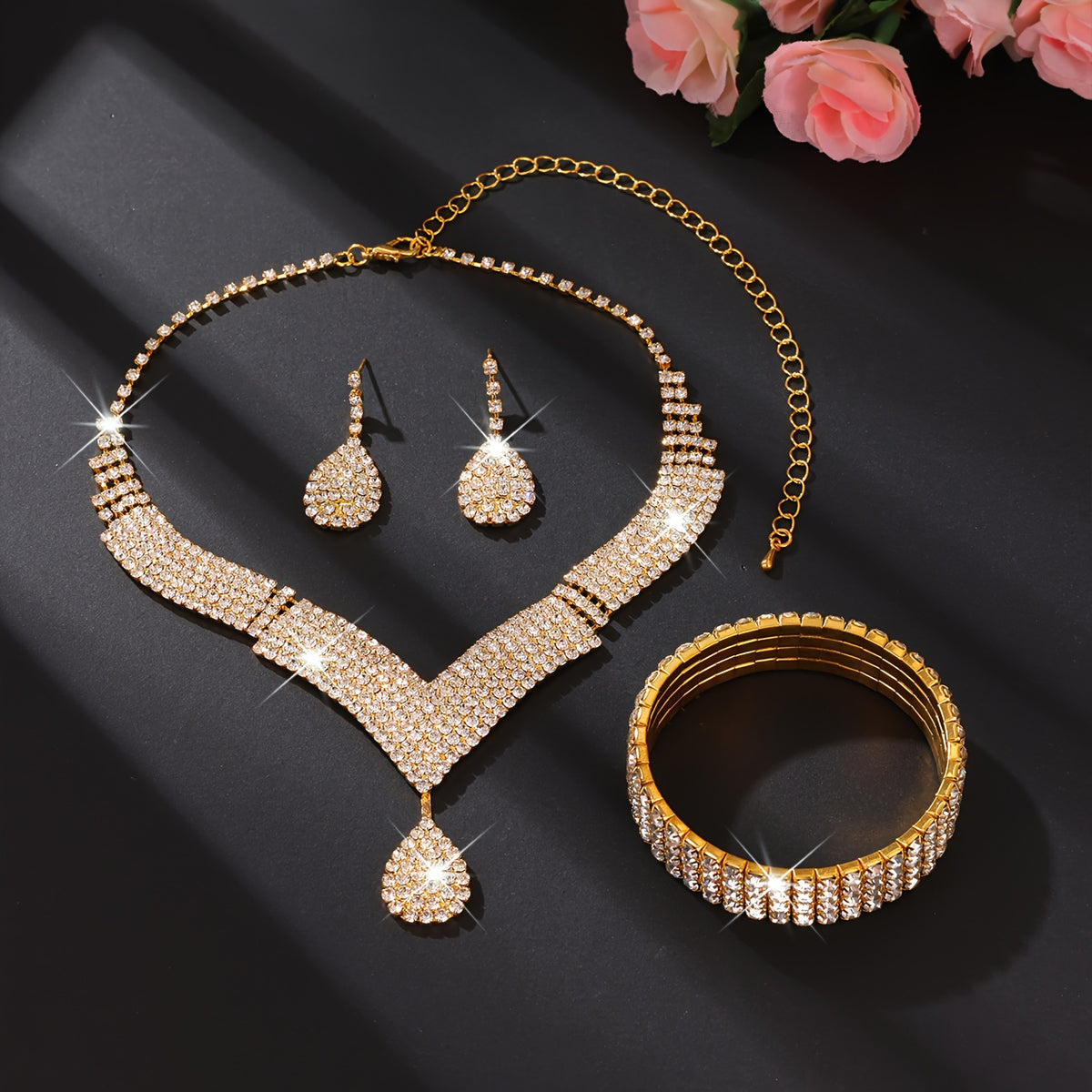 Evening Bag and Jewelry Set for Women, 4-Piece Sparkling Striped Handbag with Necklace, Earrings and Bracelet for Weddings, Bridesmaids and Formal Parties