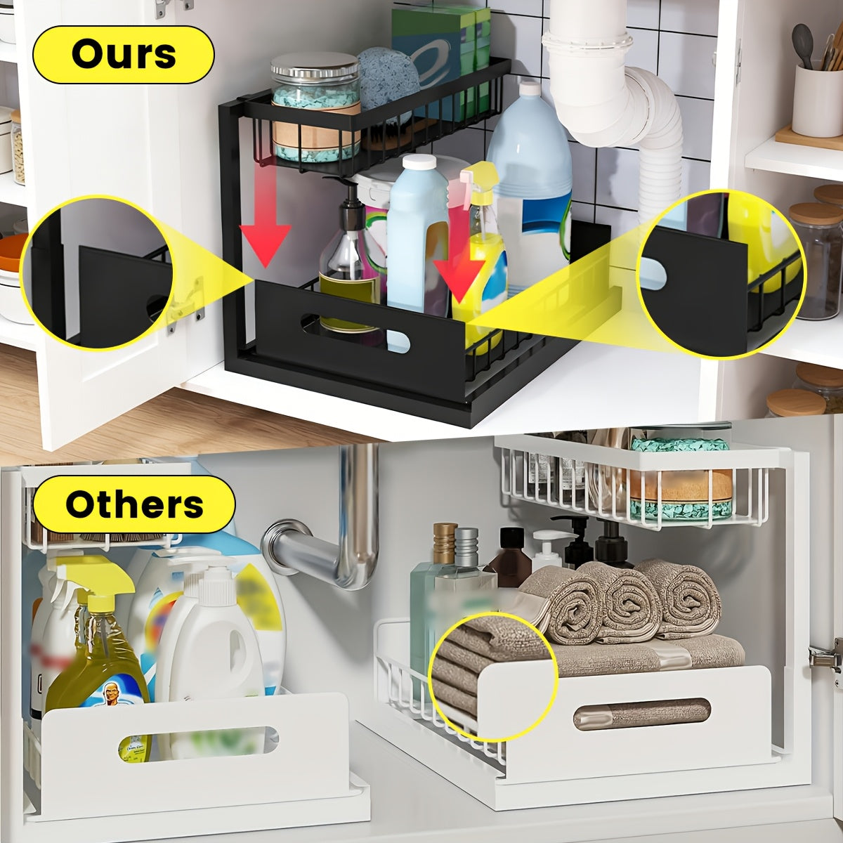 Under Sink Organizer in Black with 2-Tier Slide-Out Storage, Pull-Out Cabinet Shelf for Kitchen and Bathroom Essentials, Single or Two-Pack Options