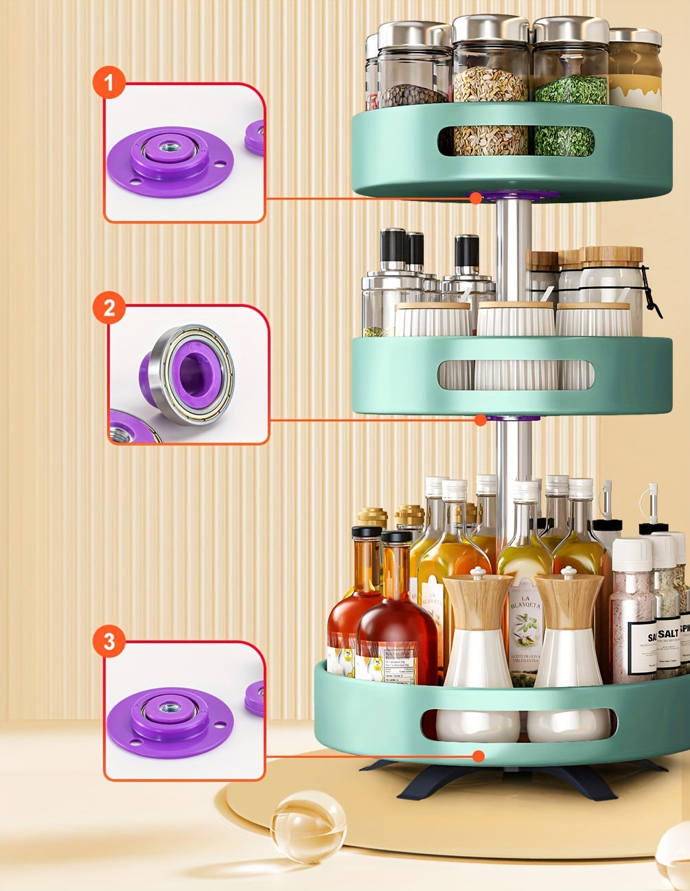 Rotating Spice Rack with Double-Layer Storage, Large Green, Silvery, White or Black Option Labels for Kitchen Countertop Seasoning and Corner Organization