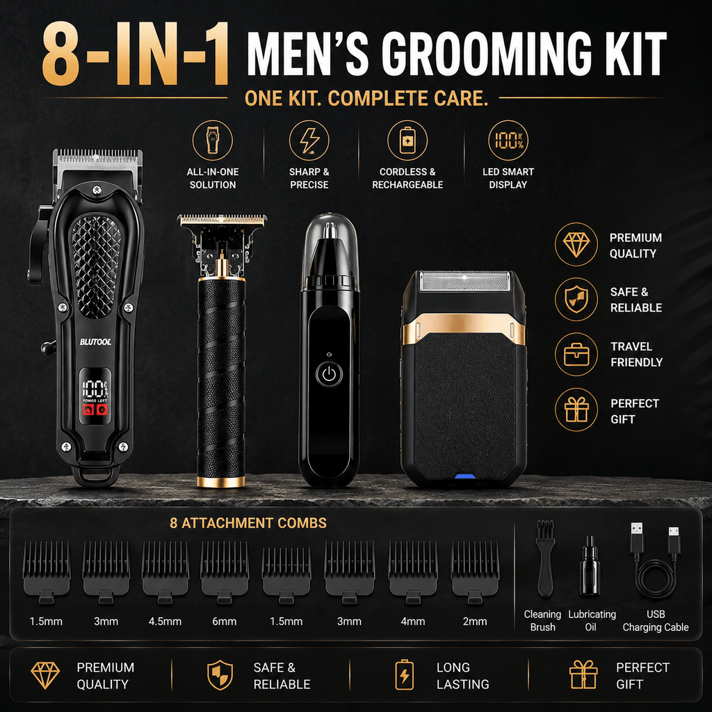 USB Rechargeable Hair Clipper and Trimmer for Men with LCD Display, Cordless Grooming Tool with Black A, Black B and 8-in-1 Gift Box Options