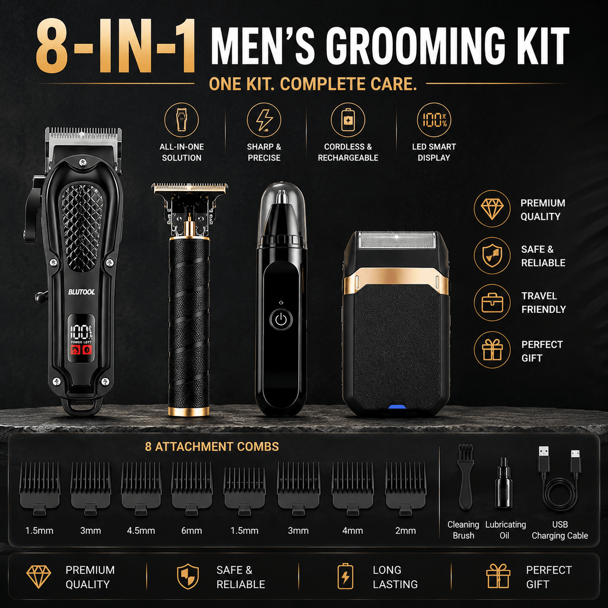 USB Rechargeable Hair Clipper and Trimmer for Men with LCD Display, Cordless Grooming Tool with Black A, Black B and 8-in-1 Gift Box Options