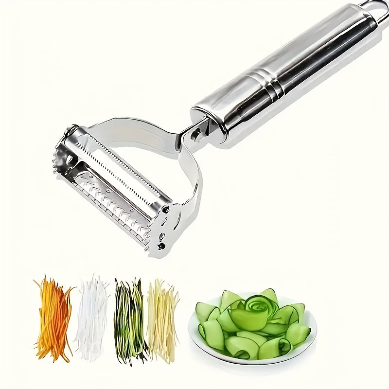 Stainless Steel Potato Peeler and Julienne Tool, Single E-Silvery Manual Kitchen Gadget for Fruit and Vegetable Peeling, Shredded Garnishes and Holiday Meal Prep