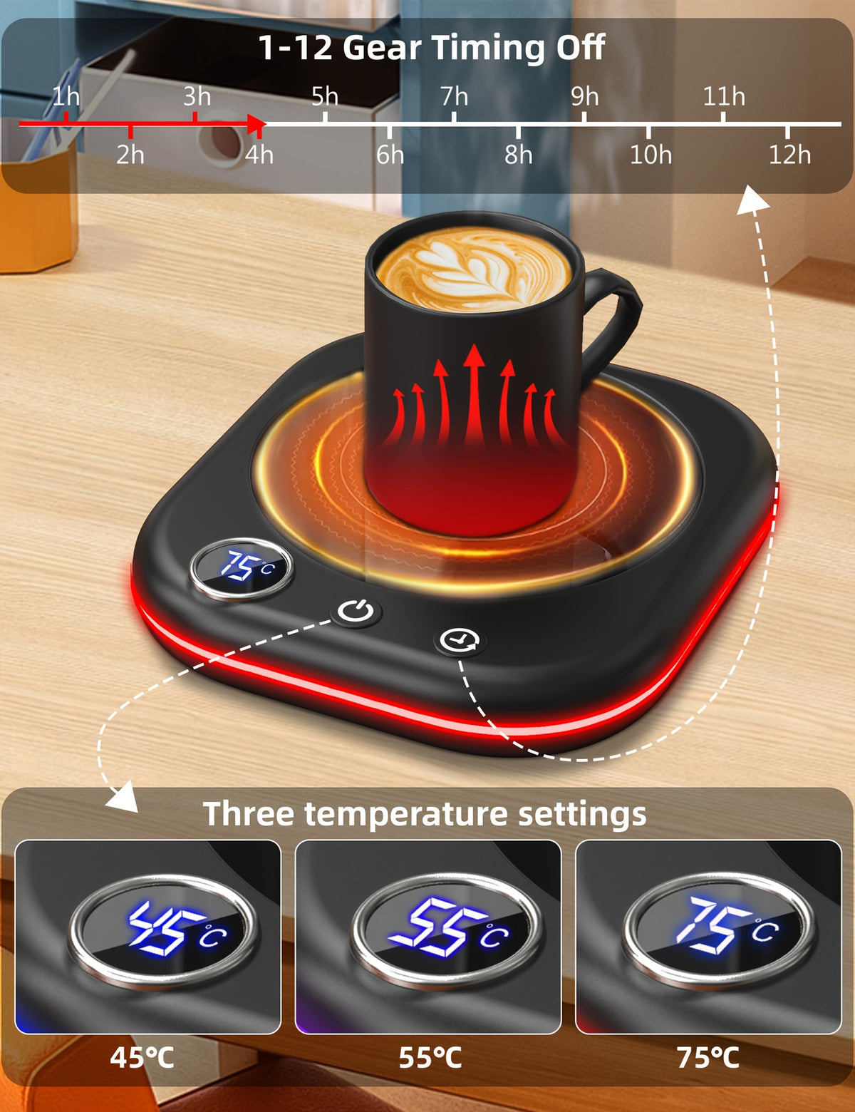 Temperature Display Coffee Cup Warmer with Listed 40W Power and Three Settings, Desktop Beverage Warming Set with Four-Hour Auto-Off and 1–12-Hour Timer Wording