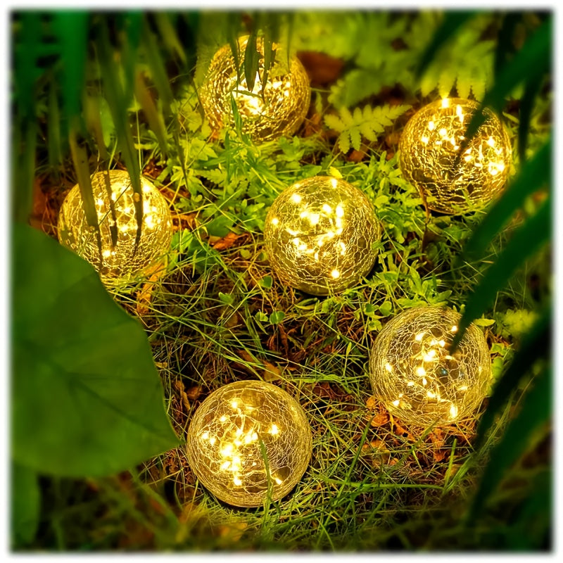 Solar Garden Ball Lights with Crackle Glass, Warm White LED Decorative Globes in 4 or 6 Piece Sets for Patio, Lawn and Outdoor Garden Decor