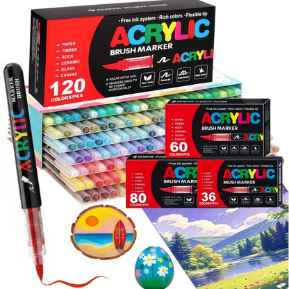 Brush Tip Acrylic Paint Markers for Rock Painting, Wood, Canvas, Glass and DIY Crafts, Art Pen Set Options from 12 Pieces to a Listed 168-Color Selection