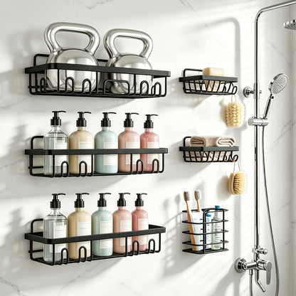 Shower Organizer Set in Black, 6-Piece No-Drill Adhesive Bathroom Racks with Toilet Paper, Soap and Toothbrush Storage and Listed 13-Inch Size