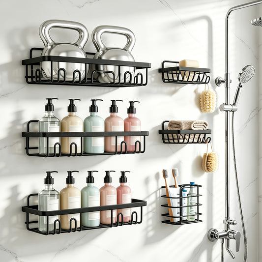 Shower Organizer Set in Black, 6-Piece No-Drill Adhesive Bathroom Racks with Toilet Paper, Soap and Toothbrush Storage and Listed 13-Inch Size
