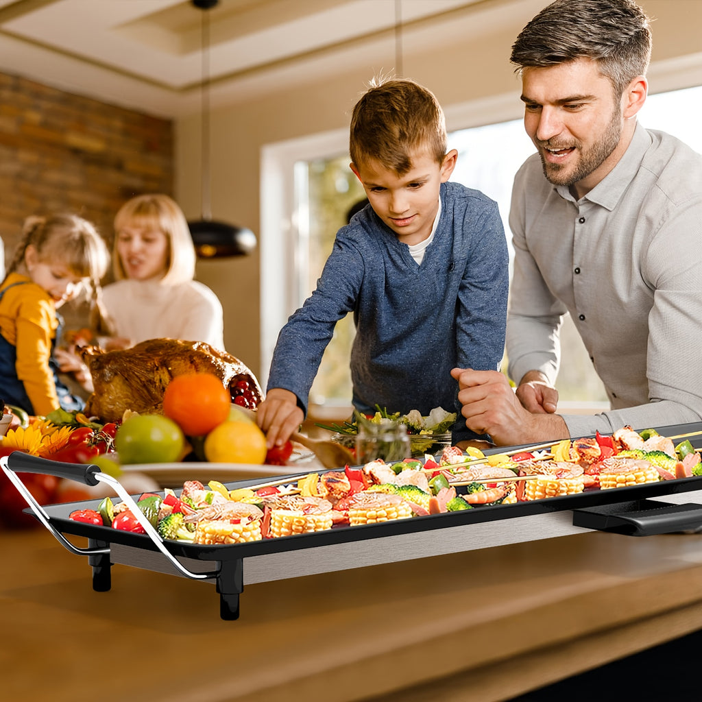 Electric Griddle 35-Inch Extra-Long Nonstick Grill with Adjustable Temperature and Drip Tray for Pancakes, Steaks and Family Meals, Gift Bag Included
