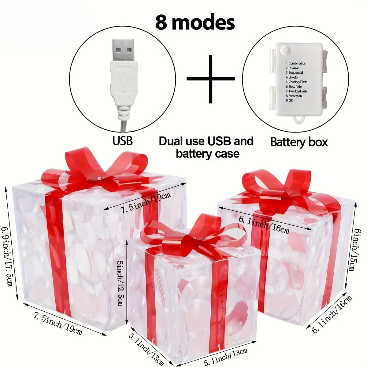 Lighted Christmas Present Boxes, Classic Set of 3 Warm White Decorative Gift Boxes with 60 Listed LEDs, Red Bows, USB or Battery Power and Daily Timer