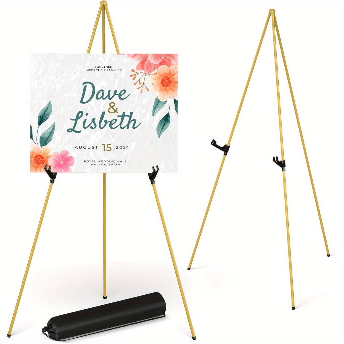 Display Easel Stand for Wedding Signs, Posters and Presentations, Folding Metal Tripod with 63-Inch Maximum Height, Adjustable Clips and Multi-Pack Options
