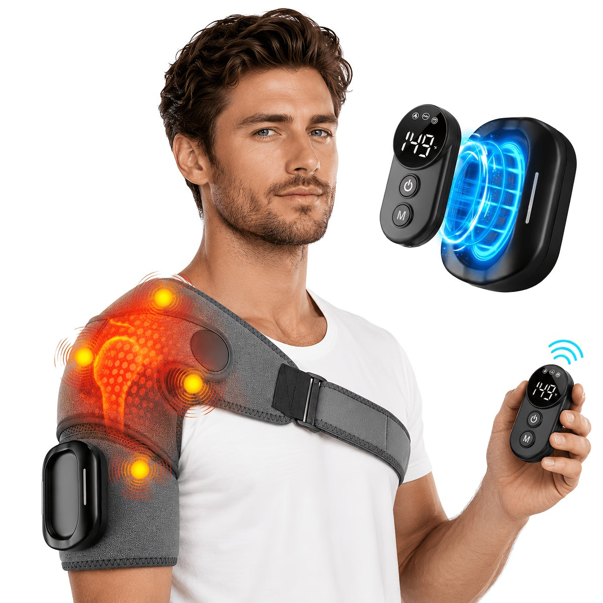 Shoulder Heating Pad Wrap with Wireless Vibration Massage, 3 Heat and 3 Vibration Settings, Adjustable Straps for Shoulder and Knee Use at Home or Travel