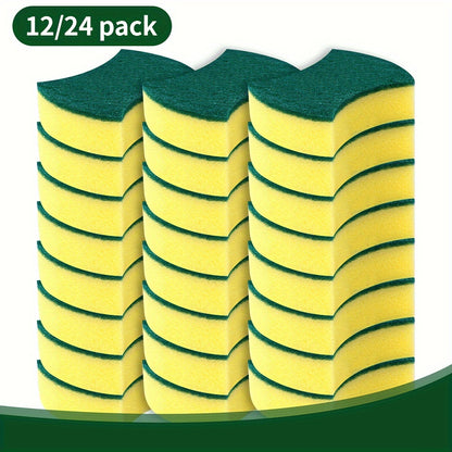 Waist-Shaped Cleaning Sponges in Yellow and Green, 12- or 24-Piece Double-Sided Scouring Pad Options for Compatible Dishwashing and Household Kitchen Cleanup