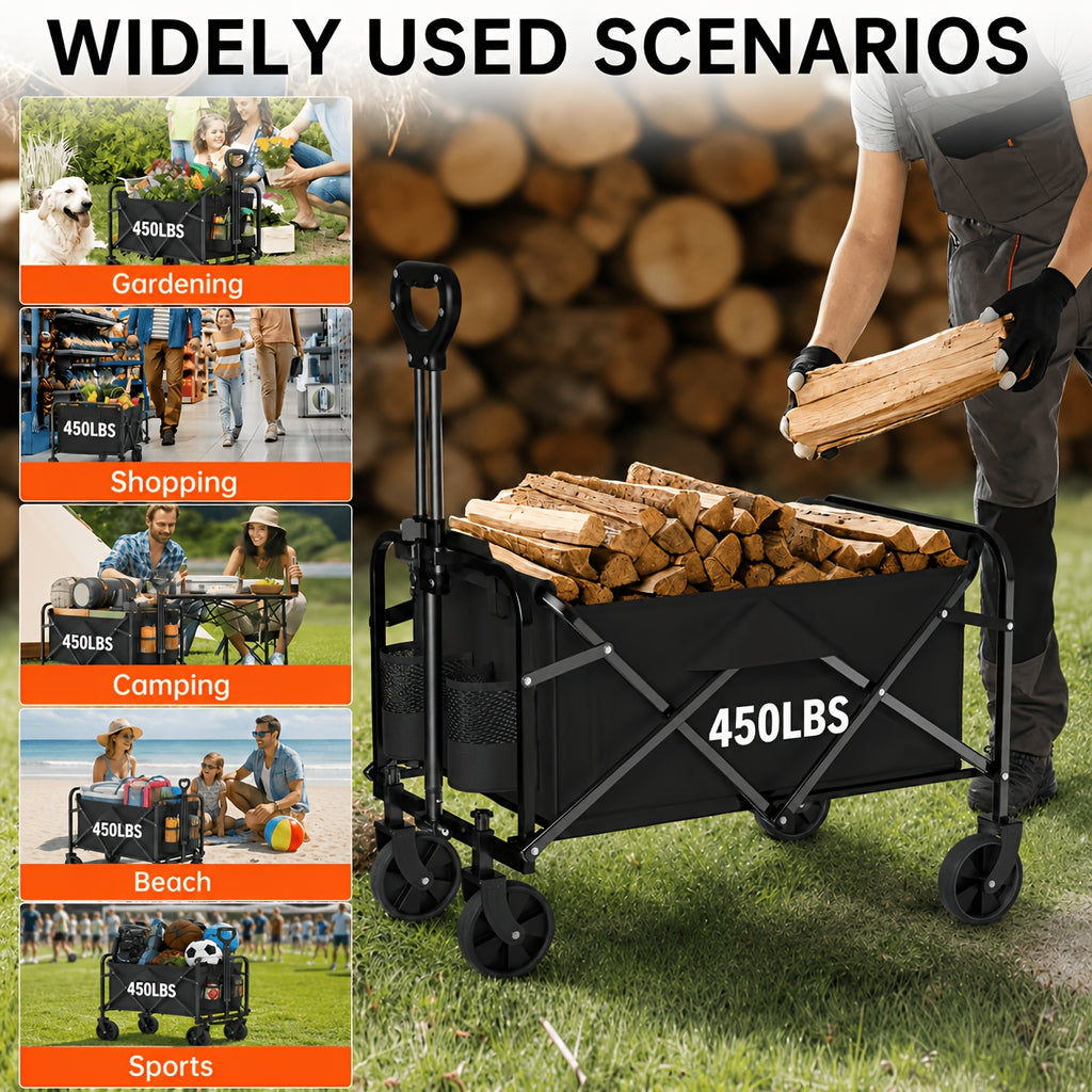 Collapsible Utility Wagon with Cup Holders and Swivel Wheels, S to XL Folding Cart Options for Groceries, Garden Supplies, Camping Gear and Beach Trips