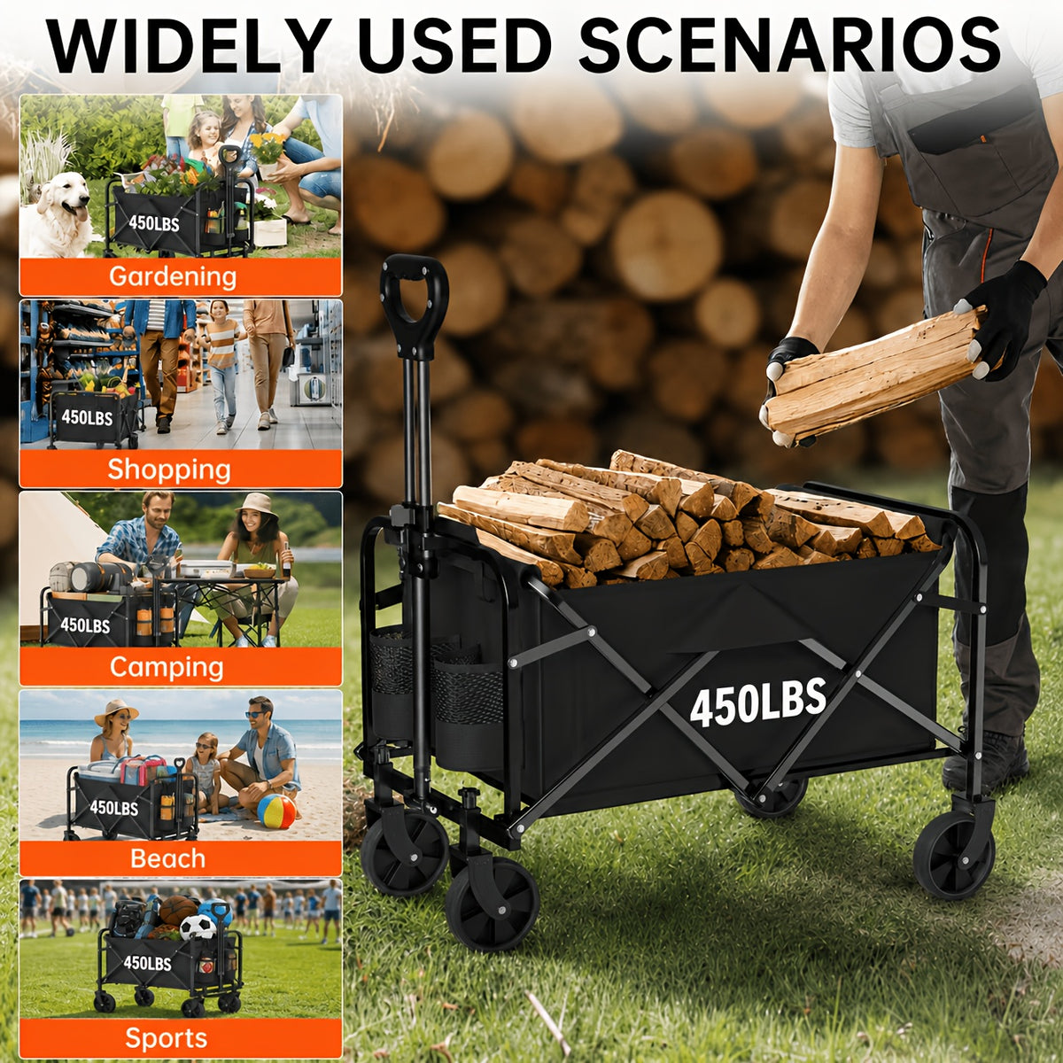 Collapsible Utility Wagon with Cup Holders and Swivel Wheels, S to XL Folding Cart Options for Groceries, Garden Supplies, Camping Gear and Beach Trips