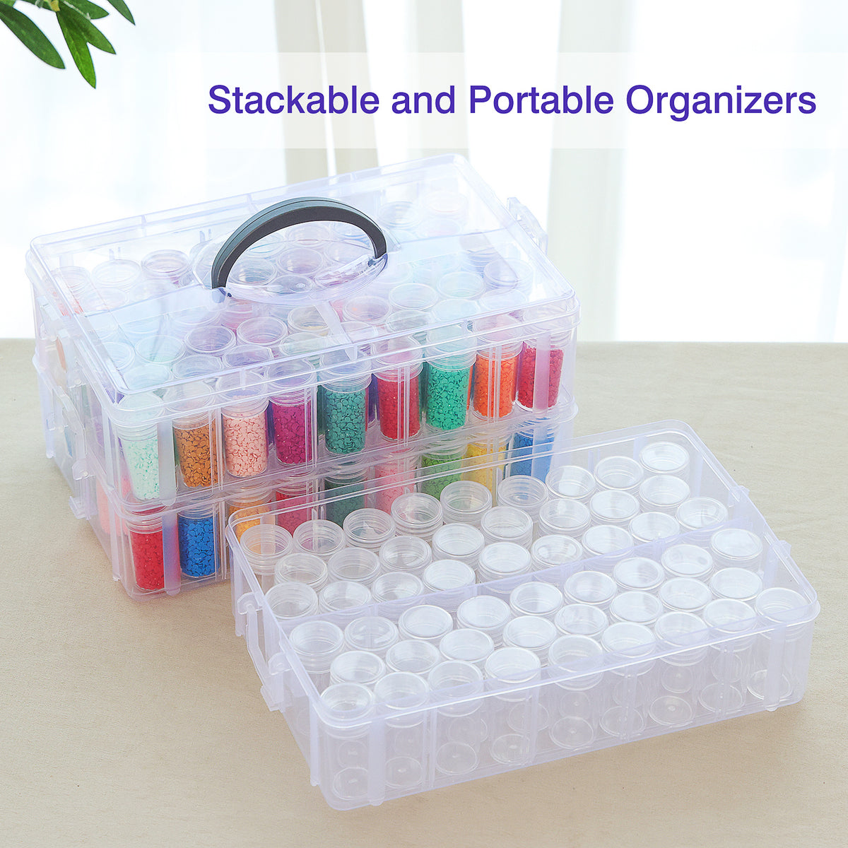 Bead Organizer by Whonline with Four Tiers and 200 Listed Slots, Portable Stackable Diamond Painting Storage for Jewelry Beads and Small Craft Supplies