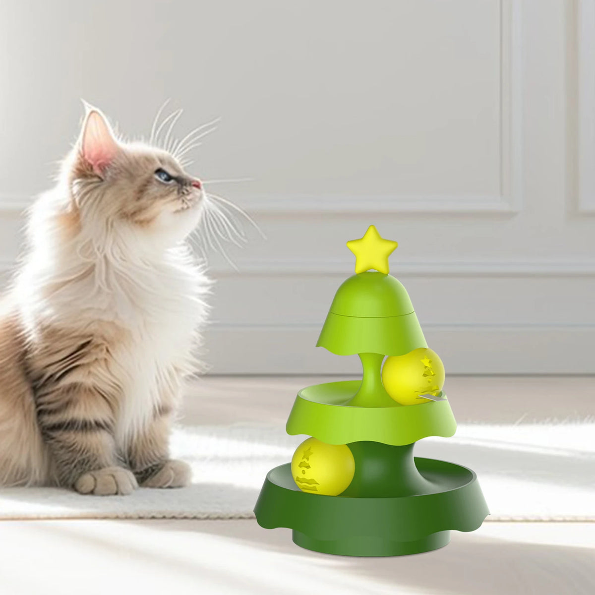 Rotating Cat Treat Dispenser with Adjustable Food Outlet, 360-Degree PP Slow Feeding Toy in Green, Yellow or Gold for Supervised Interactive Snack Play