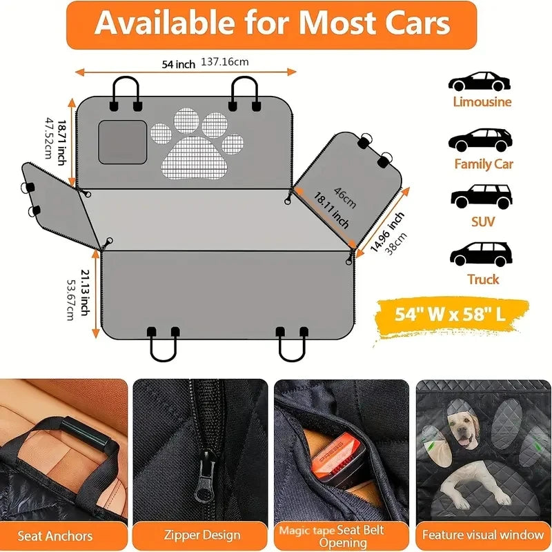 Dog Car Hammock Seat Cover, Black Rear-Seat Pet Travel Accessory with Viewing Mesh Window and Side Zipper for Compatible Car, Truck and SUV Seat and Door Coverage