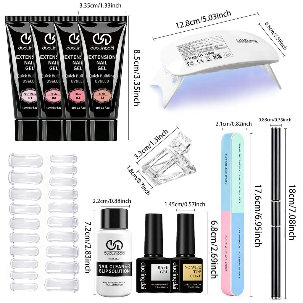 Duolingdai Poly Nail Extension Gel Kit with 4 Listed Colors, 8-Piece Toolset and Mini Nail Light for Instruction-Guided Adult DIY Manicure Designs