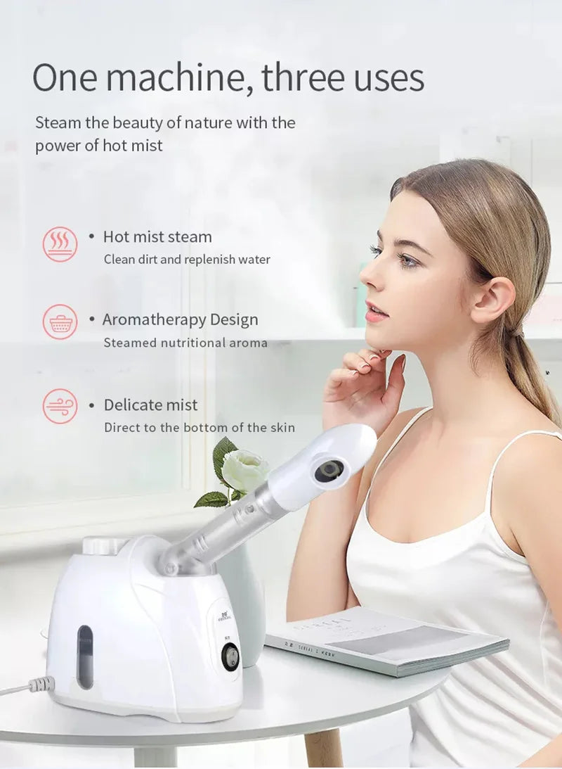100ml Warm Mist Facial Steamer with Extended Arm, 360-Degree Rotating Outlet and Aromatherapy Compartment, 350W Home Beauty Device