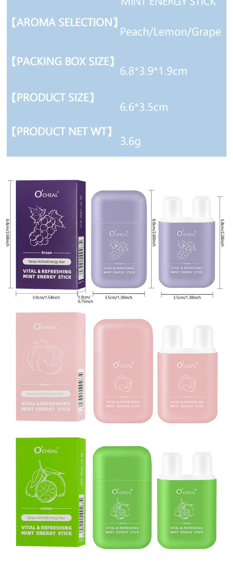 Aroma Scent Stick by O'cheal with Double-Hole Design, Listed 3.6g Format and Mint, Watermelon, Peach, Lemon or Grape Labels with Single and Multipack Options