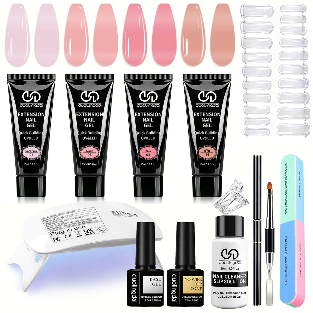Duolingdai Poly Nail Extension Gel Kit with 4 Listed Colors, 8-Piece Toolset and Mini Nail Light for Instruction-Guided Adult DIY Manicure Designs