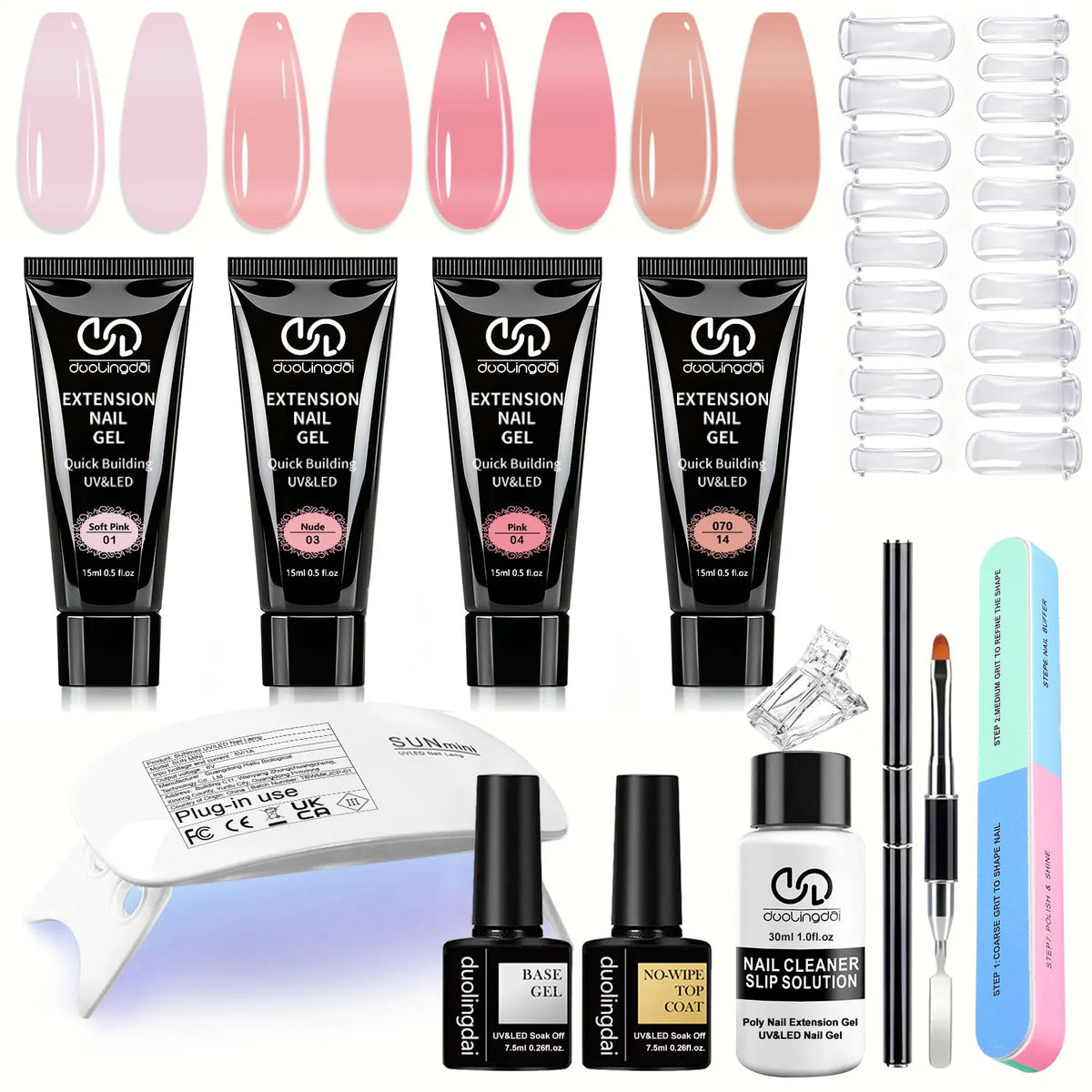 Duolingdai Poly Nail Extension Gel Kit with 4 Listed Colors, 8-Piece Toolset and Mini Nail Light for Instruction-Guided Adult DIY Manicure Designs