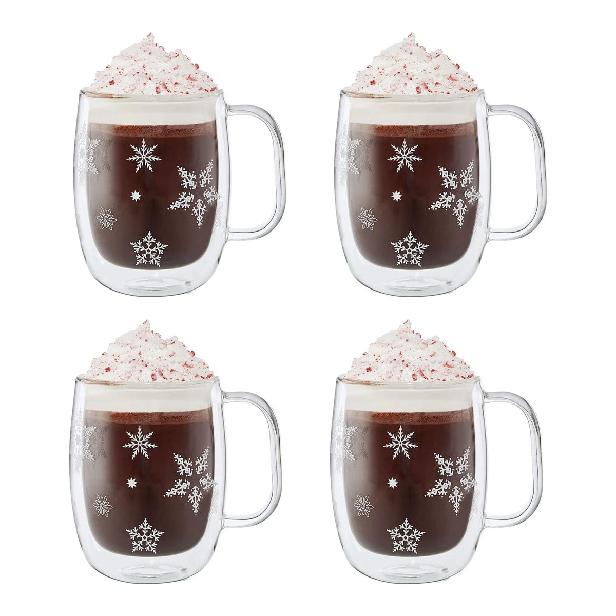 Snowflake Double-Wall Glass Mug Set, Four Handled Borosilicate Coffee Mugs Listed as ZWILLING Sorrento for Tea, Hot Chocolate and Winter Holiday Serving