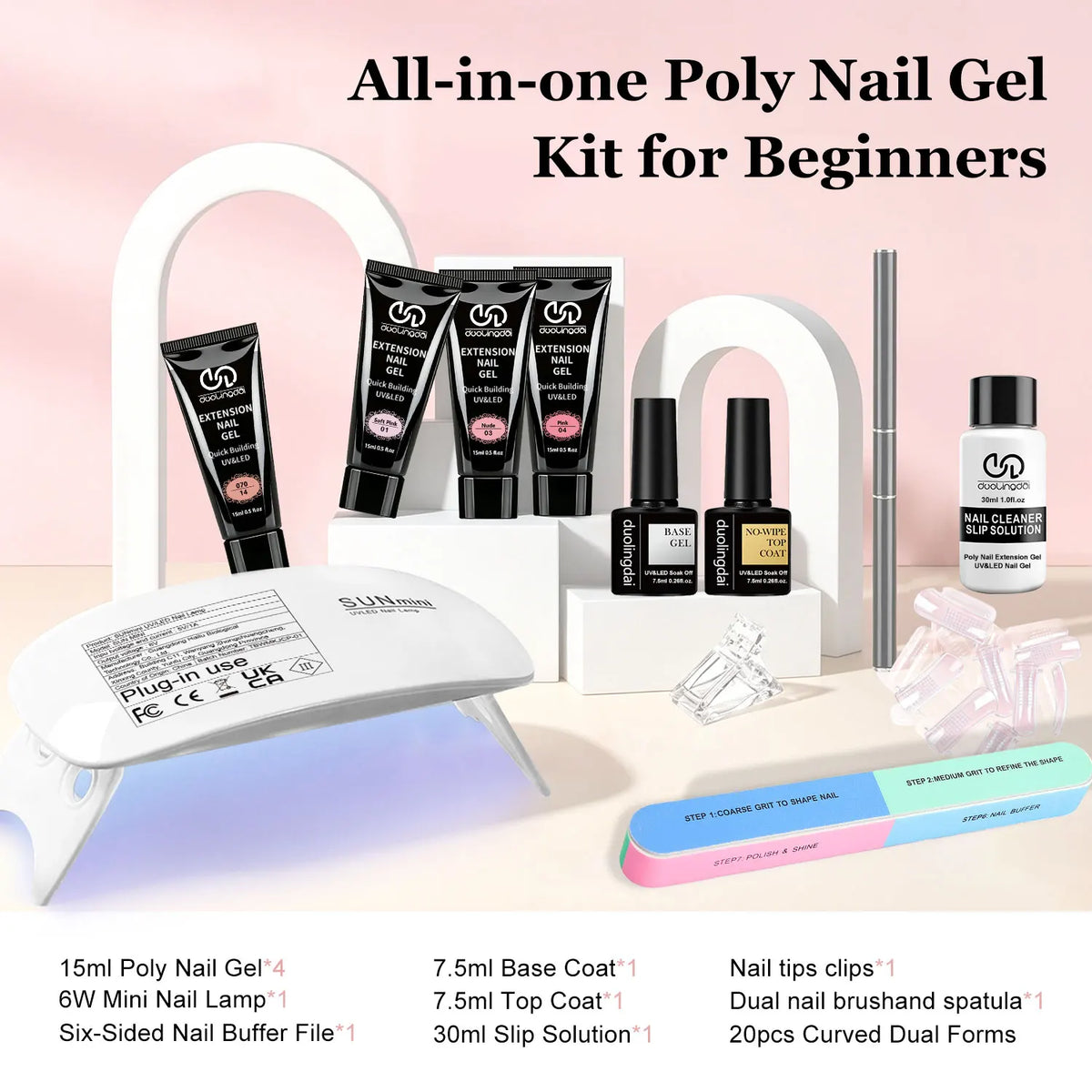 Duolingdai Poly Nail Extension Gel Kit with 4 Listed Colors, 8-Piece Toolset and Mini Nail Light for Instruction-Guided Adult DIY Manicure Designs