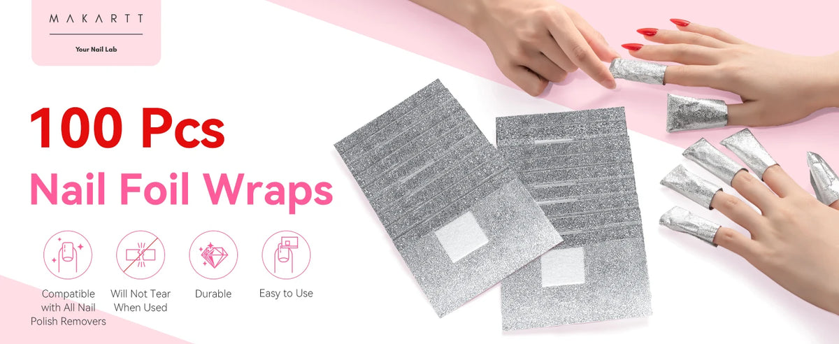 Nail Foil Wraps with Attached Cotton Pads by Makartt, 100-Piece Soak-Off Removal Supplies for Compatible Gel Polish and Nail Coatings, Acetone Not Included