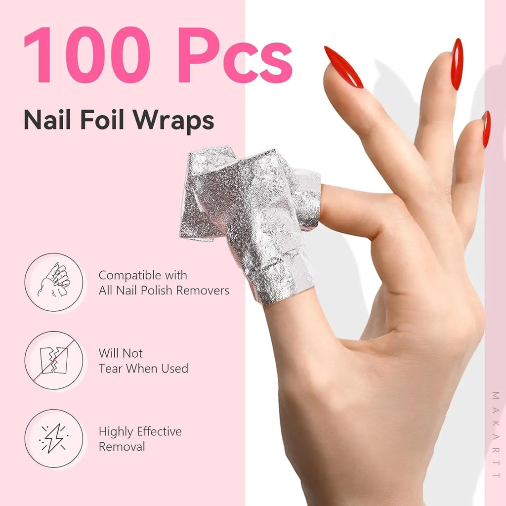 Nail Foil Wraps with Attached Cotton Pads by Makartt, 100-Piece Soak-Off Removal Supplies for Compatible Gel Polish and Nail Coatings, Acetone Not Included