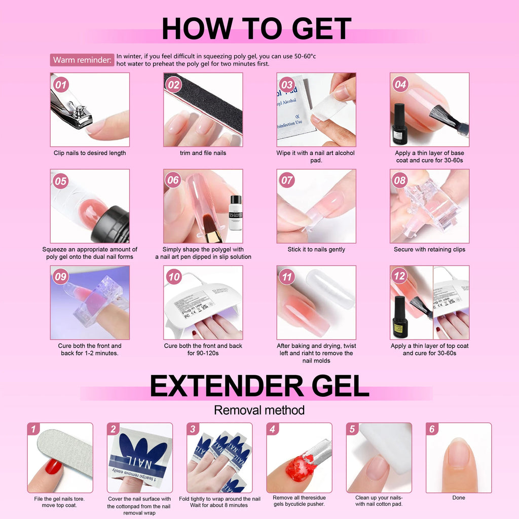 Duolingdai Poly Nail Extension Gel Kit with 4 Listed Colors, 8-Piece Toolset and Mini Nail Light for Instruction-Guided Adult DIY Manicure Designs