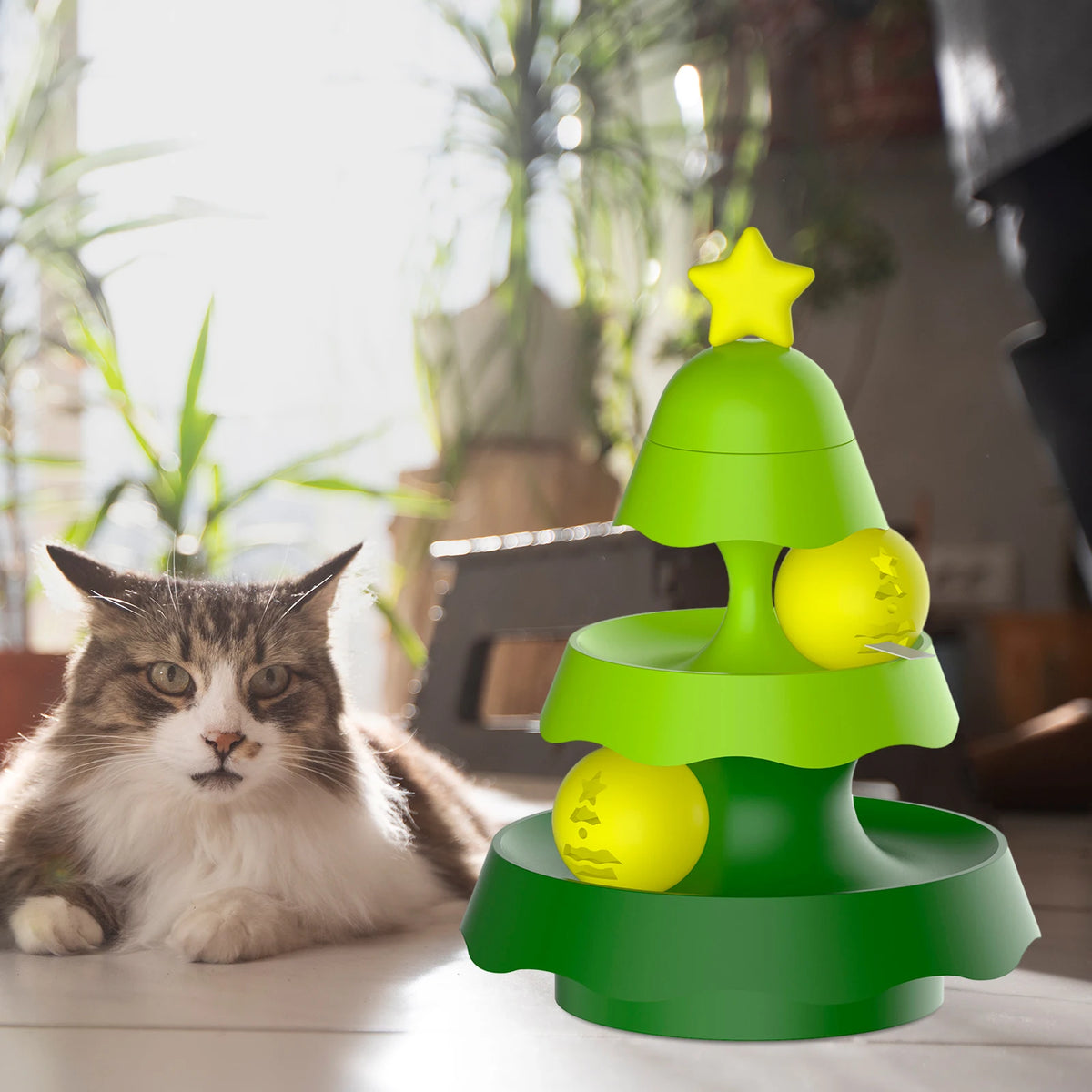 Rotating Cat Treat Dispenser with Adjustable Food Outlet, 360-Degree PP Slow Feeding Toy in Green, Yellow or Gold for Supervised Interactive Snack Play