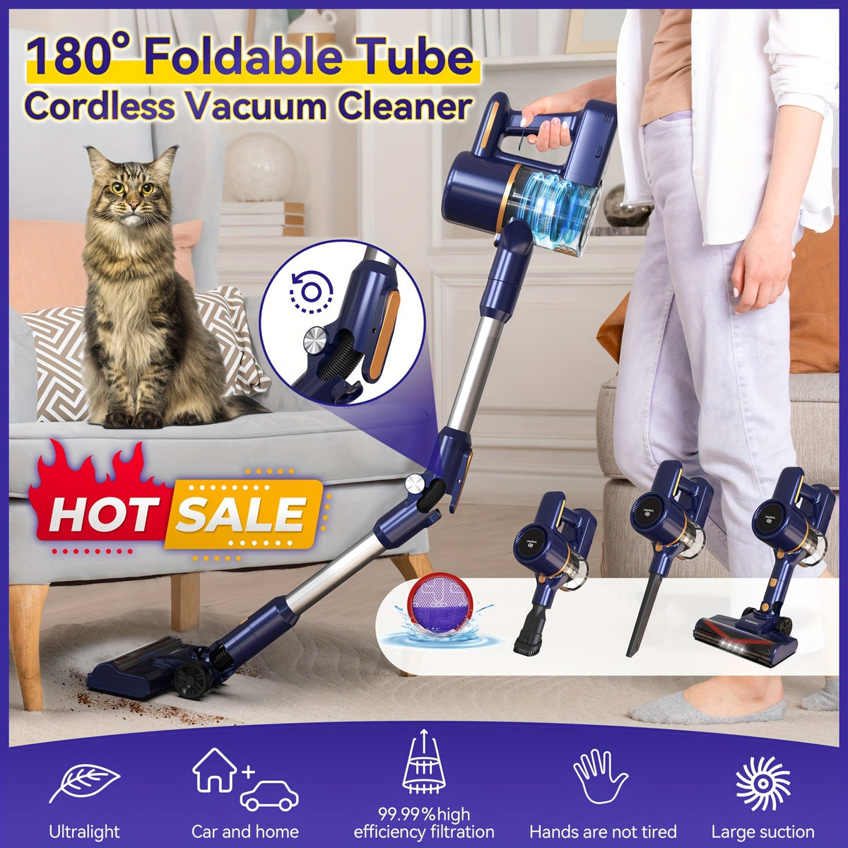Cordless Vacuum Cleaner with 180° Foldable Tube, INSE Home Vacuum with LED Brush, Listed 45-Minute Runtime and 38.58oz Dust Cup for Hardwood and Pet Hair
