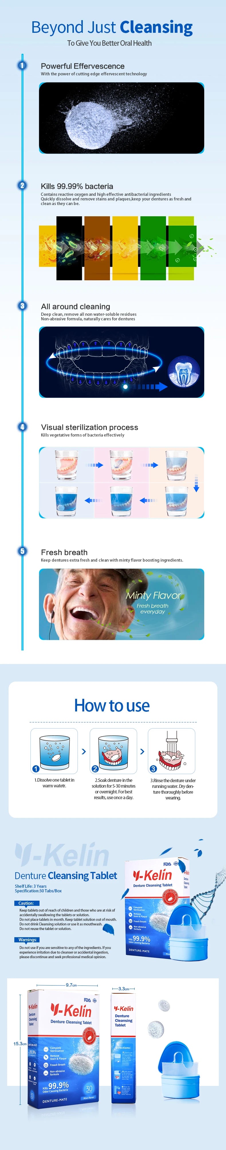 Denture Cleaning Tablets by Y-Kelin, 30, 60 or 90 Tablet Options for Full and Partial Denture Soaking and Compatible Removable Retainer Care