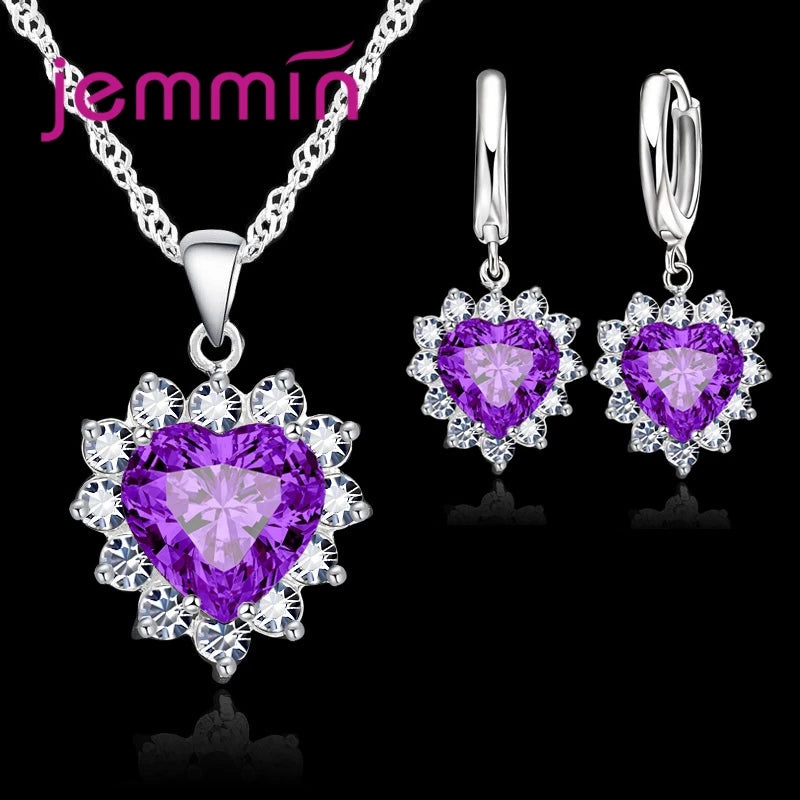 Heart Pendant Jewelry Set with Hoop Earrings and Listed Cubic Zircon Stones, Silver-Color Finish and Ten Gem Color Options for Wedding, Party and Anniversary Styling