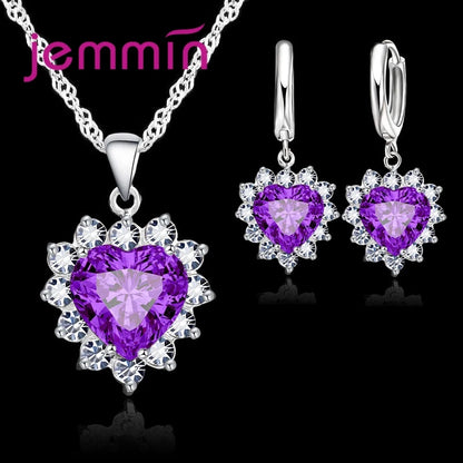 Heart Pendant Jewelry Set with Hoop Earrings and Listed Cubic Zircon Stones, Silver-Color Finish and Ten Gem Color Options for Wedding, Party and Anniversary Styling