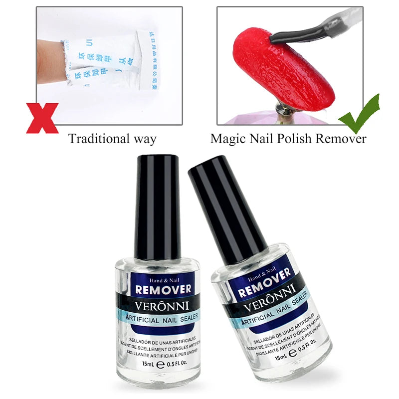 Gel Nail Polish Remover with Listed 15ml Bottle Size, Magic Remover Reference and Single or Two-Piece Selection Labels for Adult Manicure Removal