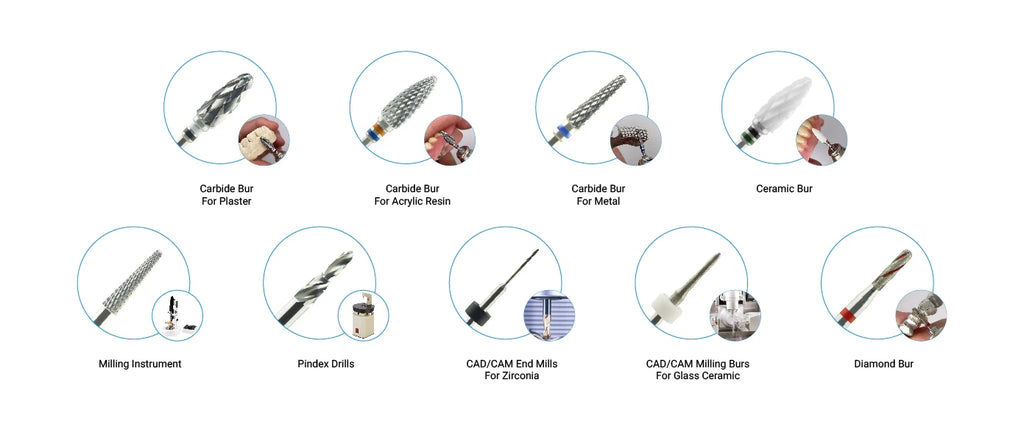 White Zirconia Burs with Conical Shape and Cross-Cut Design, Listed 4.5mm Size Reference and Eight Single-Piece Model Options for Rotary Tool Compatibility Review