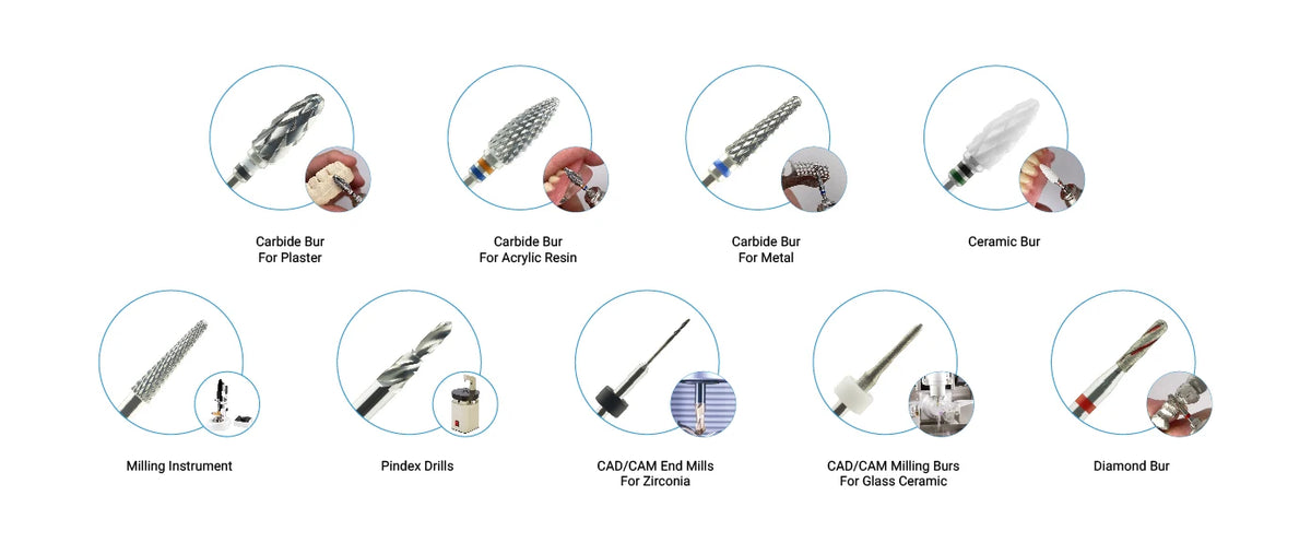 White Zirconia Burs with Conical Shape and Cross-Cut Design, Listed 4.5mm Size Reference and Eight Single-Piece Model Options for Rotary Tool Compatibility Review