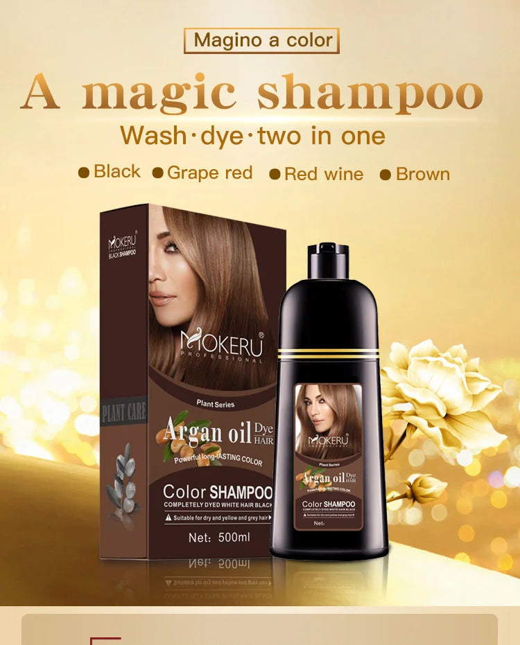 Hair Dye Shampoo by Mokeru with Listed Argan Oil, Black Brown Red Purple and Silver Gray Shade Options for Adult At-Home Hair Coloring Routines