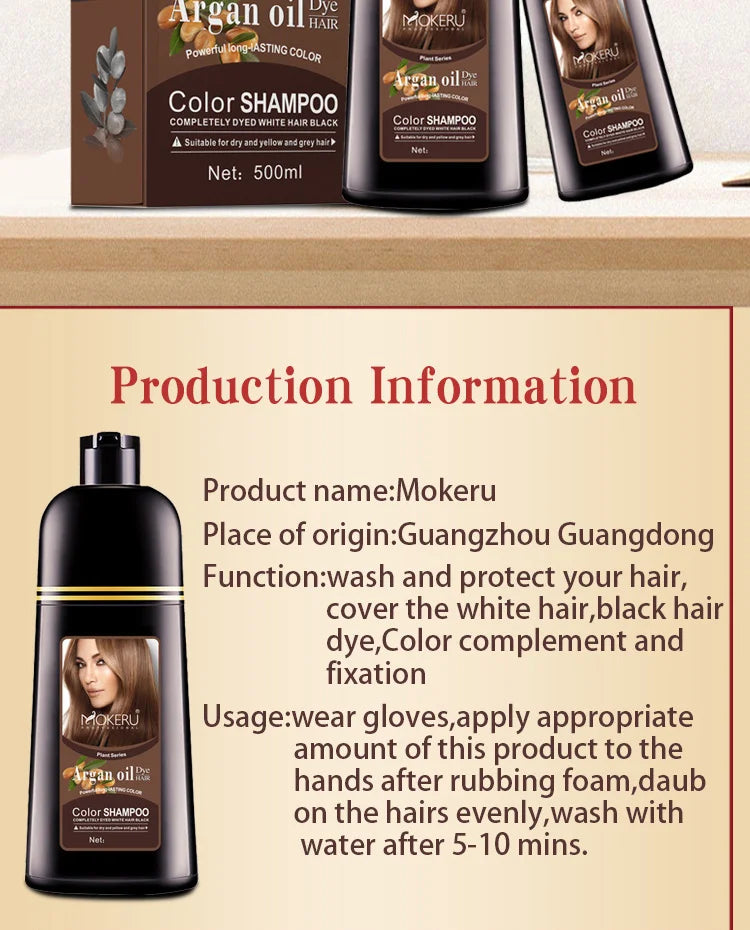 Hair Dye Shampoo by Mokeru with Listed Argan Oil, Black Brown Red Purple and Silver Gray Shade Options for Adult At-Home Hair Coloring Routines